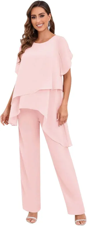 2 Pieces Mother of The Bride Pant Suits for Women Dressy Chiffon Sets Ruffle Layers Formal Wedding Guest Outfit