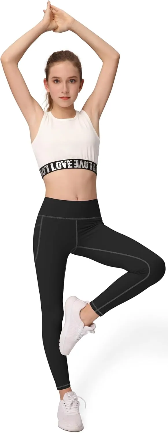 AENLLEY Girls Activewear Leggings with 2 Pockets - Kids Dance Workout Yoga Pants for Athletic Pack of 4