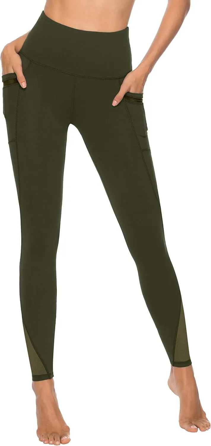 AFITNE Womens High Waist Mesh Yoga Leggings with Side Pockets, Tummy Control Workout Squat-Proof Yoga Pants