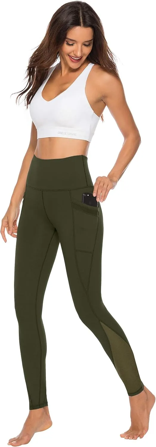 AFITNE Womens High Waist Mesh Yoga Leggings with Side Pockets, Tummy Control Workout Squat-Proof Yoga Pants