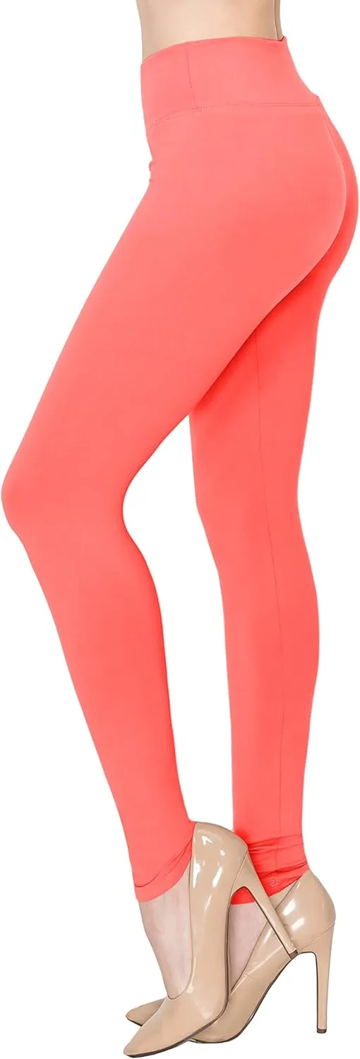 ALWAYS Soft Leggings for Women - High Waisted Tummy Control Compression Yoga Workout Pants Neon Coral Plus
