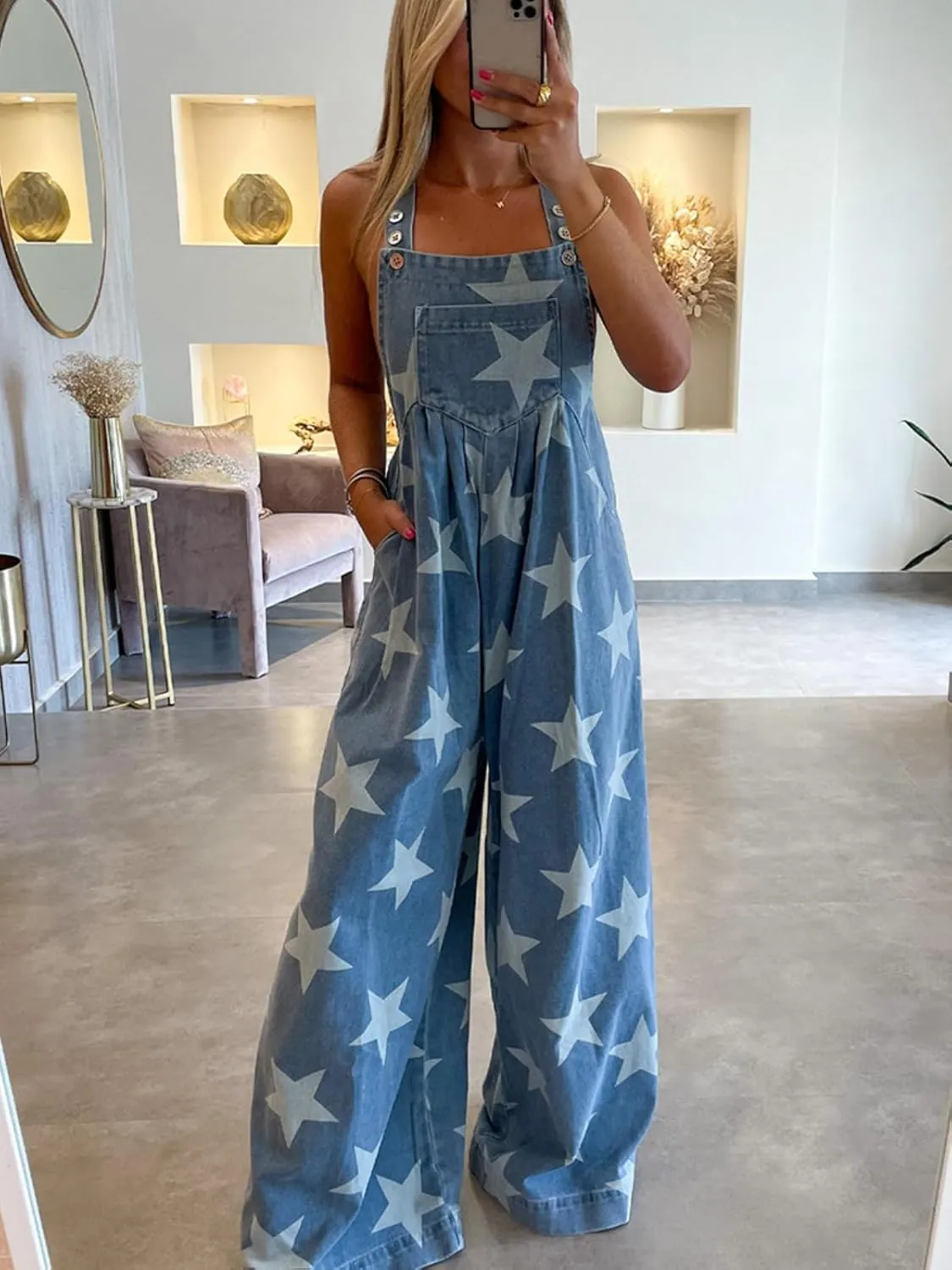 Apvirdy women's Jeans Overalls Stars Print Wide Leg Pants Denim Jumpsuits Buttoned Strap Casual Loose Romper