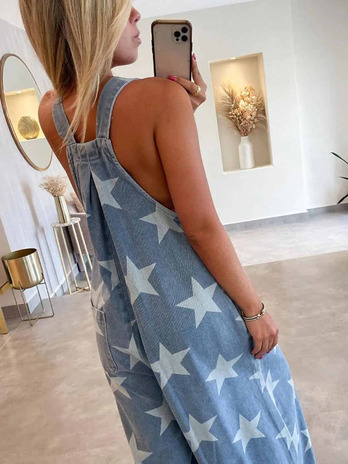 Apvirdy women's Jeans Overalls Stars Print Wide Leg Pants Denim Jumpsuits Buttoned Strap Casual Loose Romper
