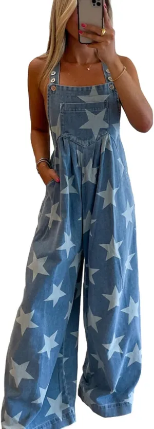 Apvirdy women's Jeans Overalls Stars Print Wide Leg Pants Denim Jumpsuits Buttoned Strap Casual Loose Romper