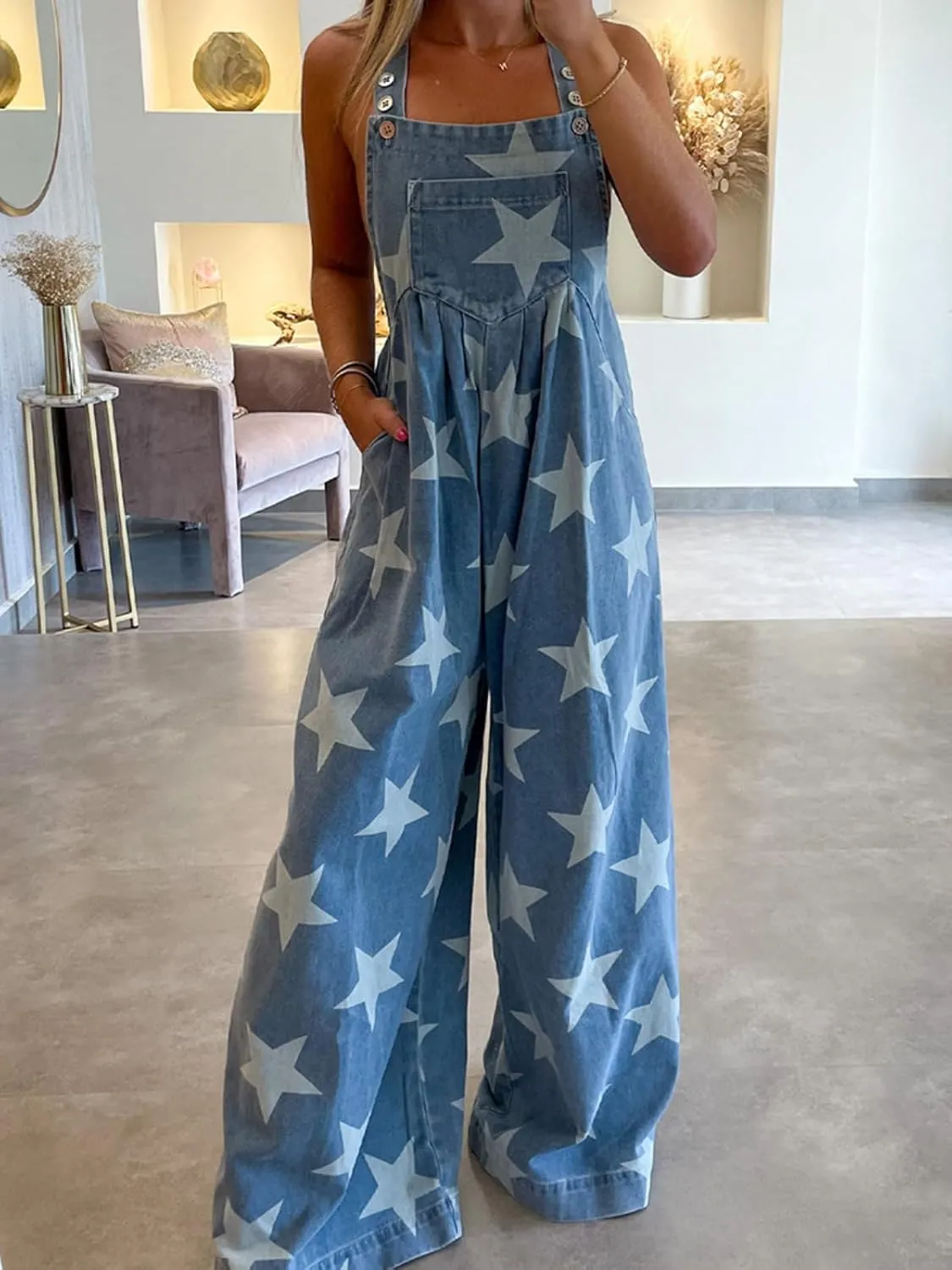 Apvirdy women's Jeans Overalls Stars Print Wide Leg Pants Denim Jumpsuits Buttoned Strap Casual Loose Romper