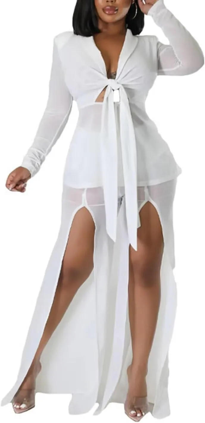Aro Lora Womens Sexy 2 Piece Outfits See Through V Neck Top and Slits Wide Leg Pant Set Clubwear Tracksuits
