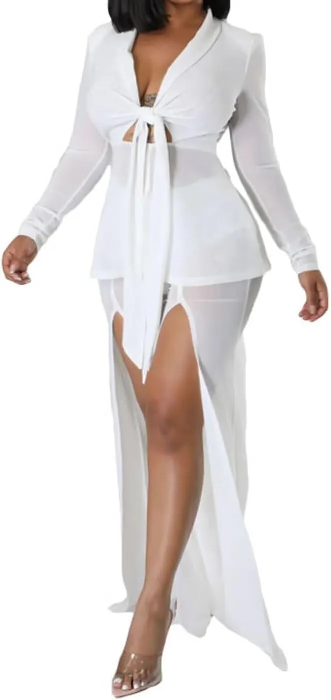 Aro Lora Womens Sexy 2 Piece Outfits See Through V Neck Top and Slits Wide Leg Pant Set Clubwear Tracksuits