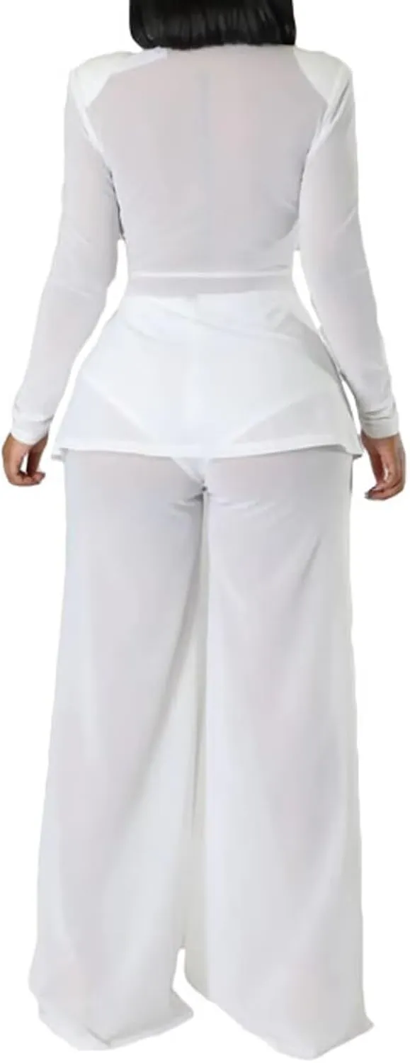 Aro Lora Womens Sexy 2 Piece Outfits See Through V Neck Top and Slits Wide Leg Pant Set Clubwear Tracksuits