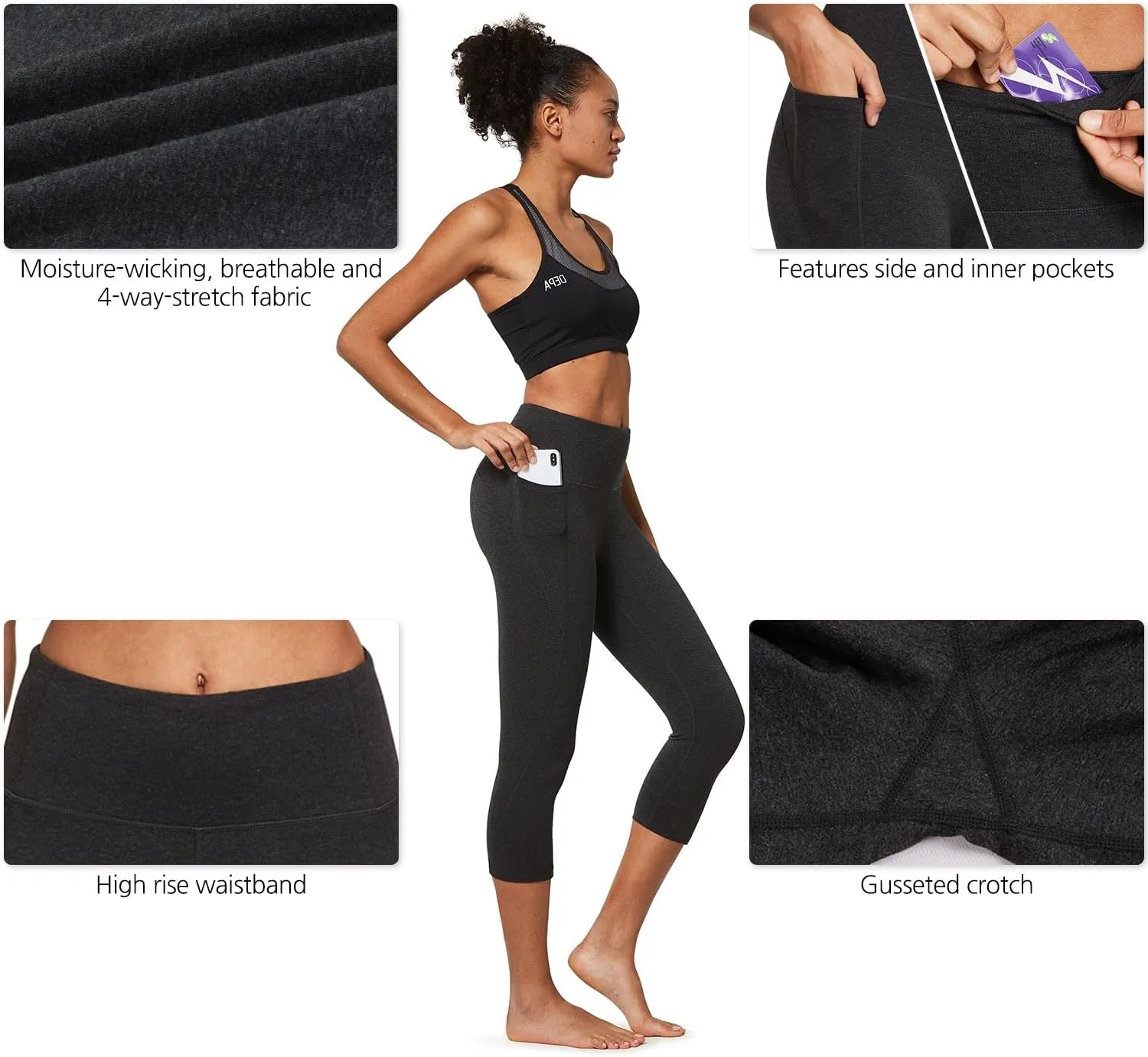 baleaf Women's Capri Leggings with Pockets High Waisted Workout Yoga Running Gym Pants for Casual Summer