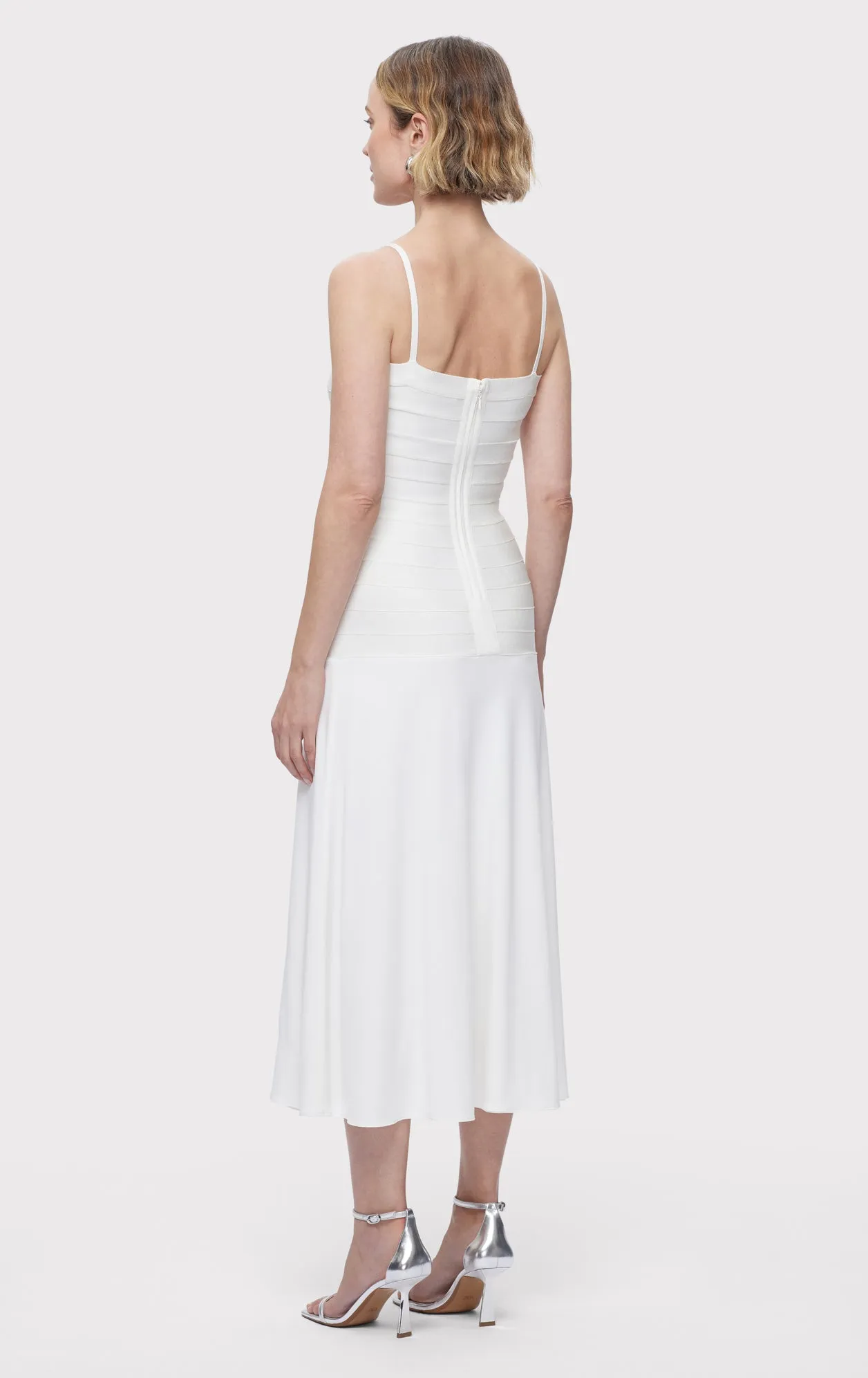 BANDAGE S/L MIDI DRESS W/ JERSEY SKIRT