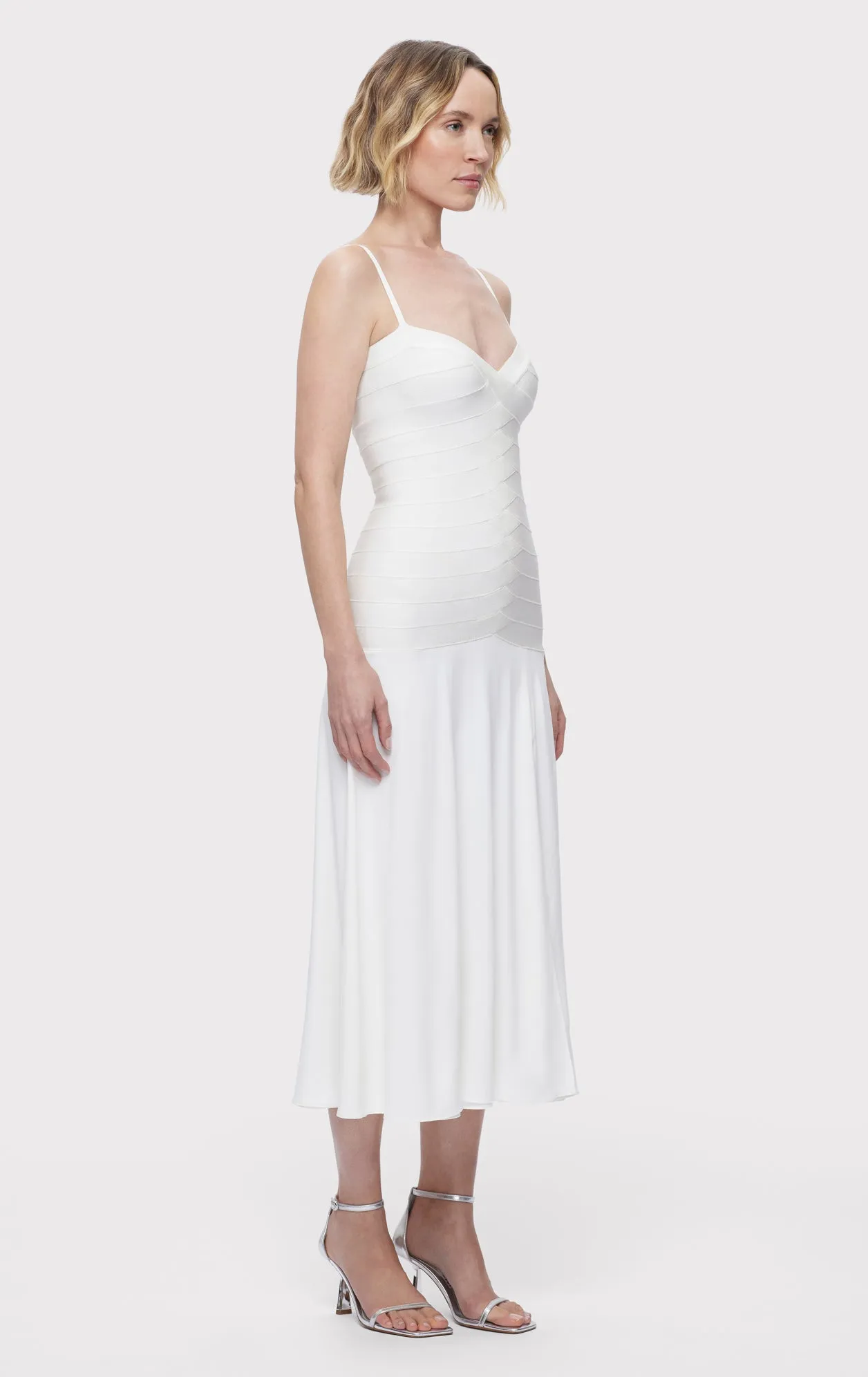BANDAGE S/L MIDI DRESS W/ JERSEY SKIRT