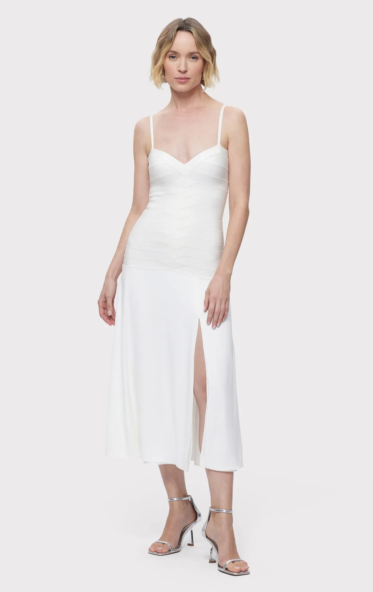 BANDAGE S/L MIDI DRESS W/ JERSEY SKIRT