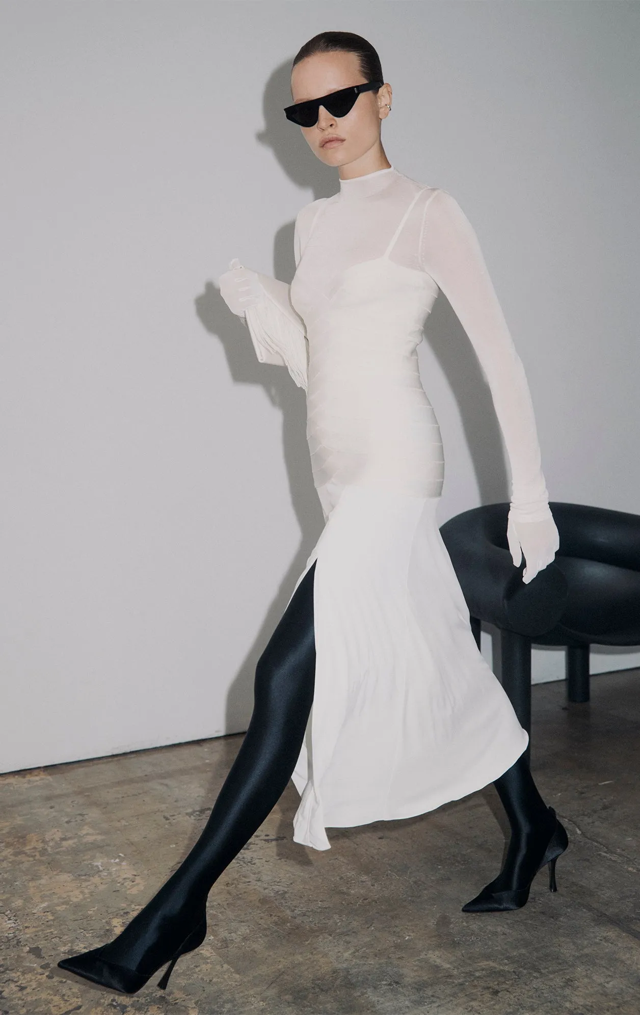 BANDAGE S/L MIDI DRESS W/ JERSEY SKIRT