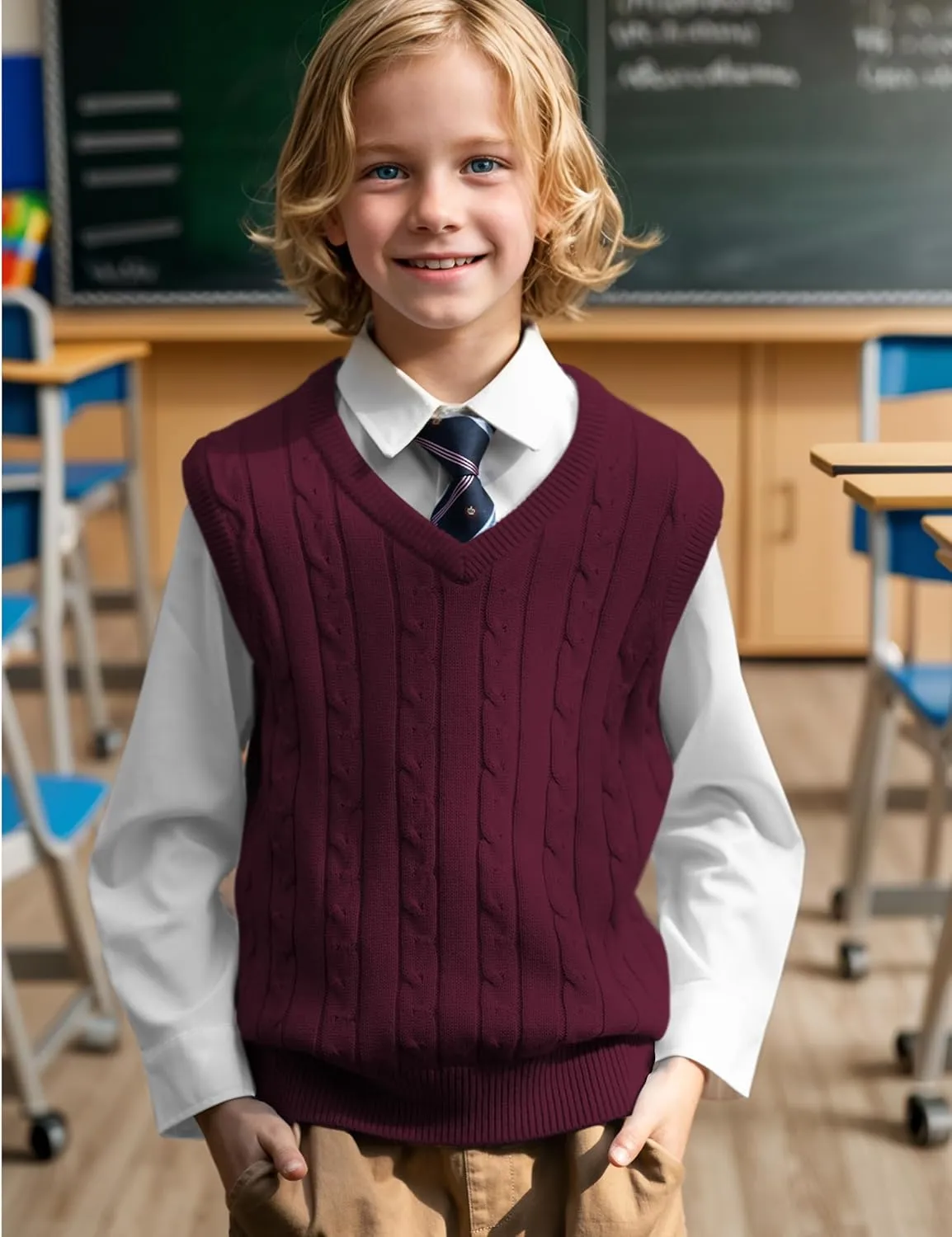 BOBOYOYO Boys Sweater Vest Unisex Cable Knit 100% Cotton Toddler Uniform Vest for Little Big Childrens Kids Teenage Girls