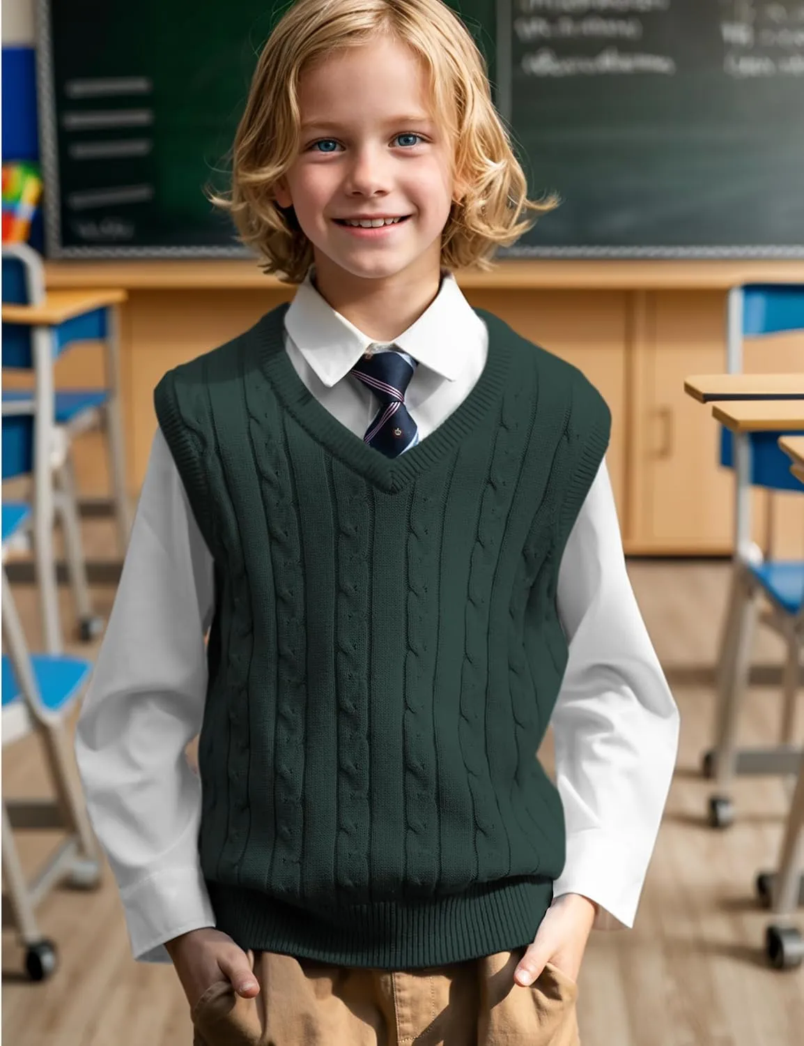 BOBOYOYO Boys Sweater Vest Unisex Cable Knit 100% Cotton Toddler Uniform Vest for Little Big Childrens Kids Teenage Girls