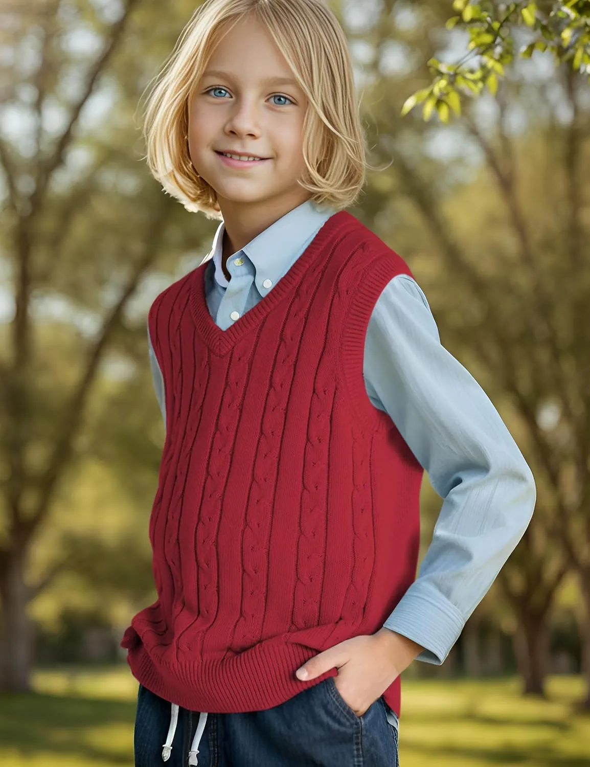 BOBOYOYO Boys Sweater Vest Unisex Cable Knit 100% Cotton Toddler Uniform Vest for Little Big Childrens Kids Teenage Girls