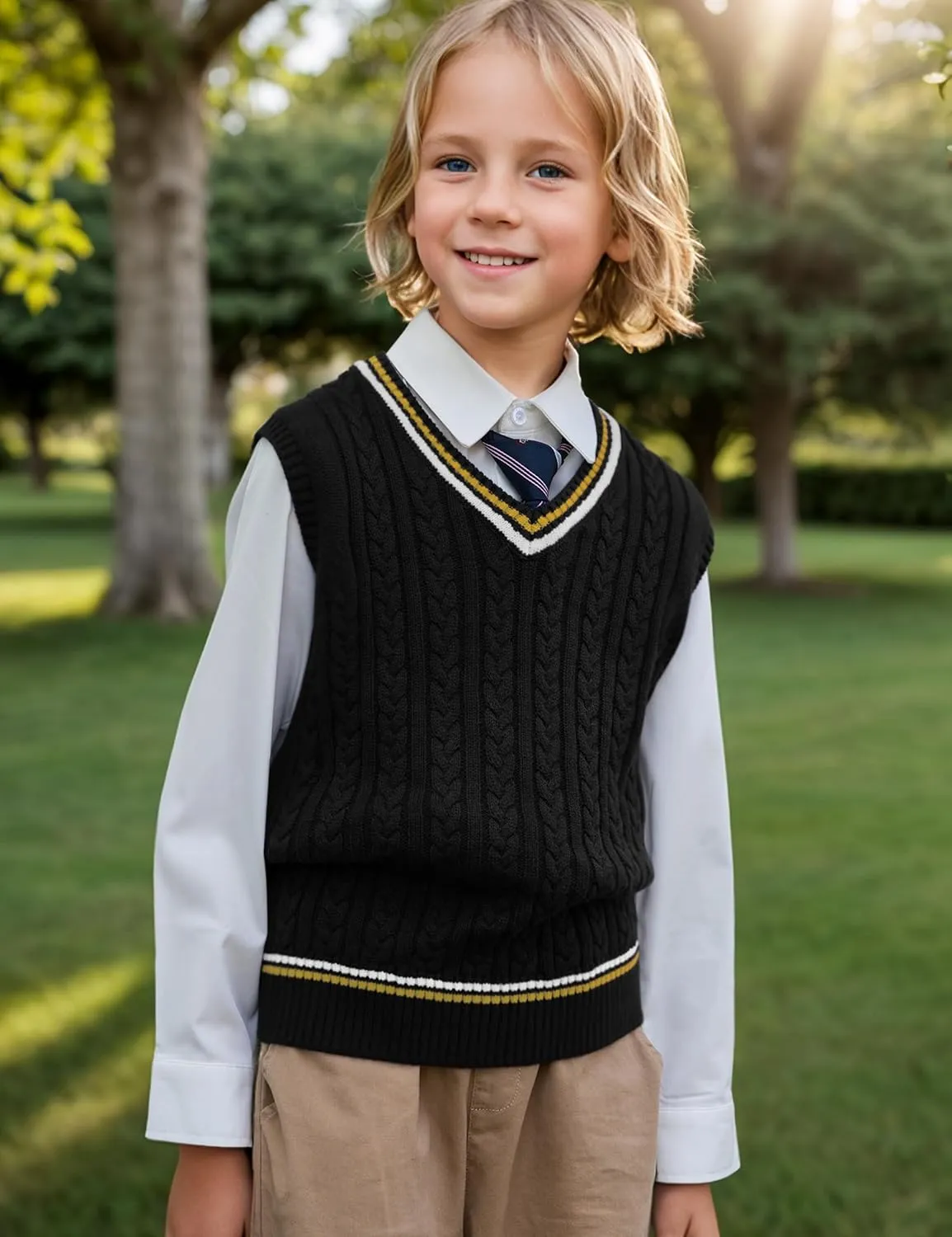 BOBOYOYO Boys Sweater Vest Unisex Cable Knit 100% Cotton Toddler Uniform Vest for Little Big Childrens Kids Teenage Girls