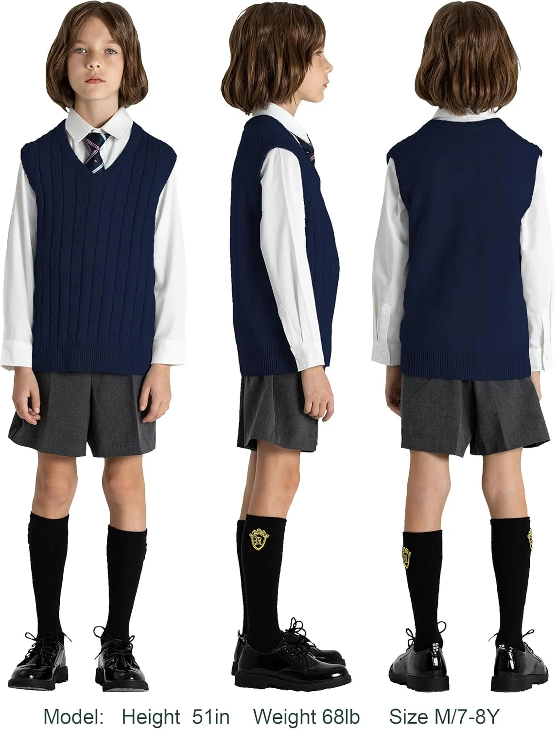 BOBOYOYO Boys Sweater Vest Unisex Cable Knit 100% Cotton Toddler Uniform Vest for Little Big Childrens Kids Teenage Girls