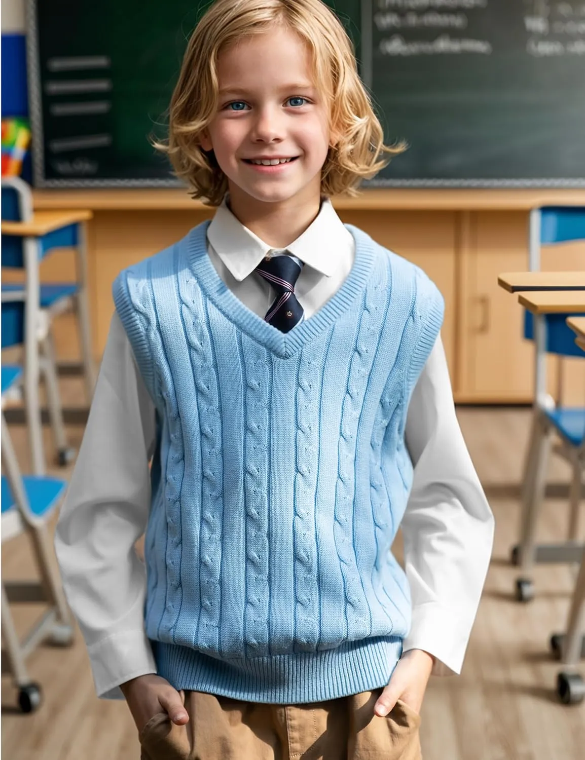 BOBOYOYO Boys Sweater Vest Unisex Cable Knit 100% Cotton Toddler Uniform Vest for Little Big Childrens Kids Teenage Girls