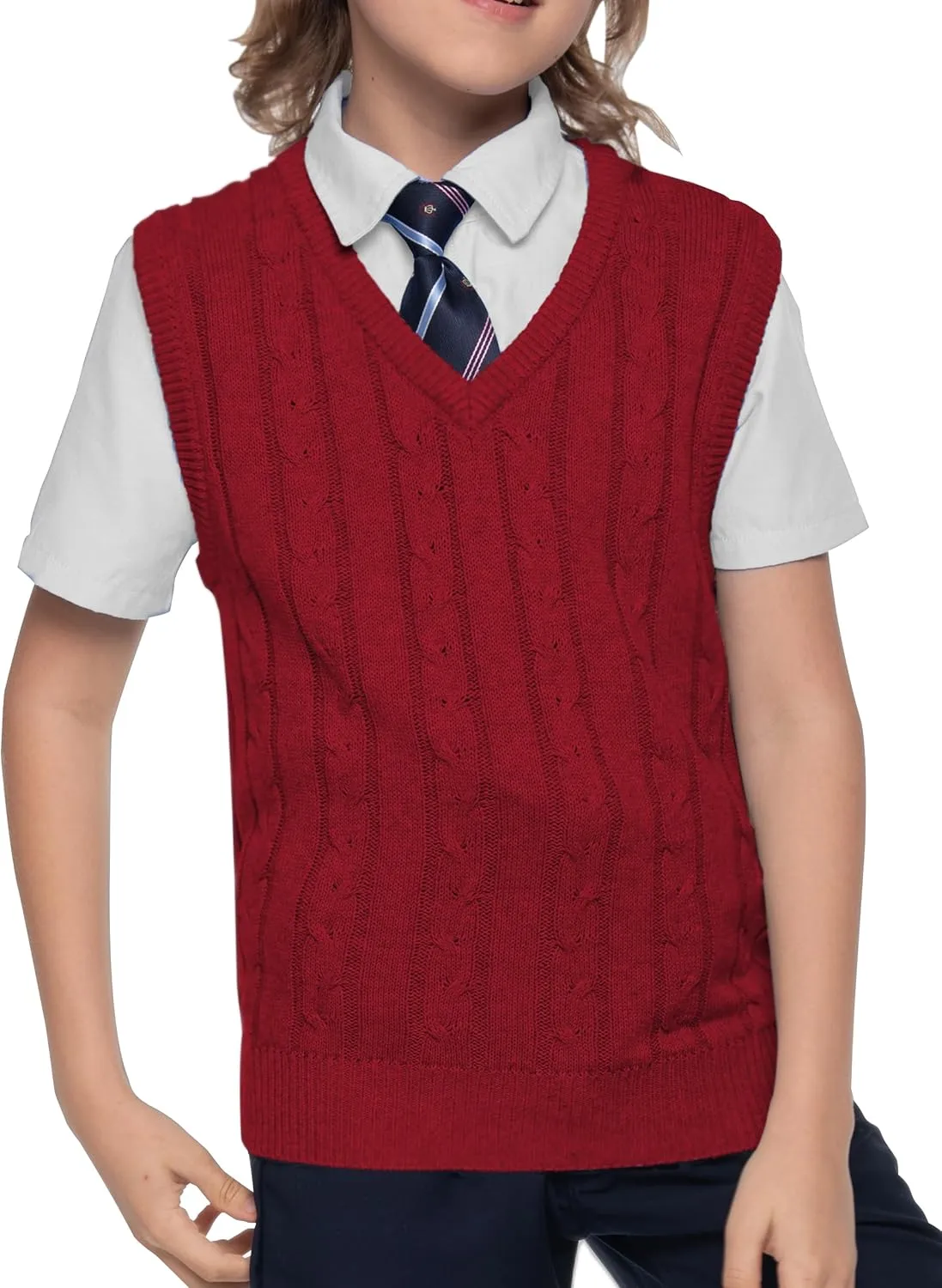 BOBOYOYO Boys Sweater Vest Unisex Cable Knit 100% Cotton Toddler Uniform Vest for Little Big Childrens Kids Teenage Girls
