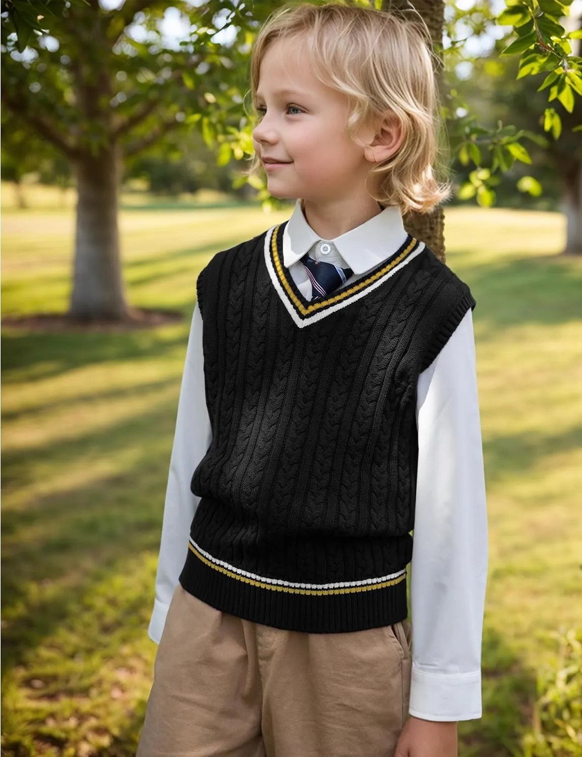 BOBOYOYO Boys Sweater Vest Unisex Cable Knit 100% Cotton Toddler Uniform Vest for Little Big Childrens Kids Teenage Girls