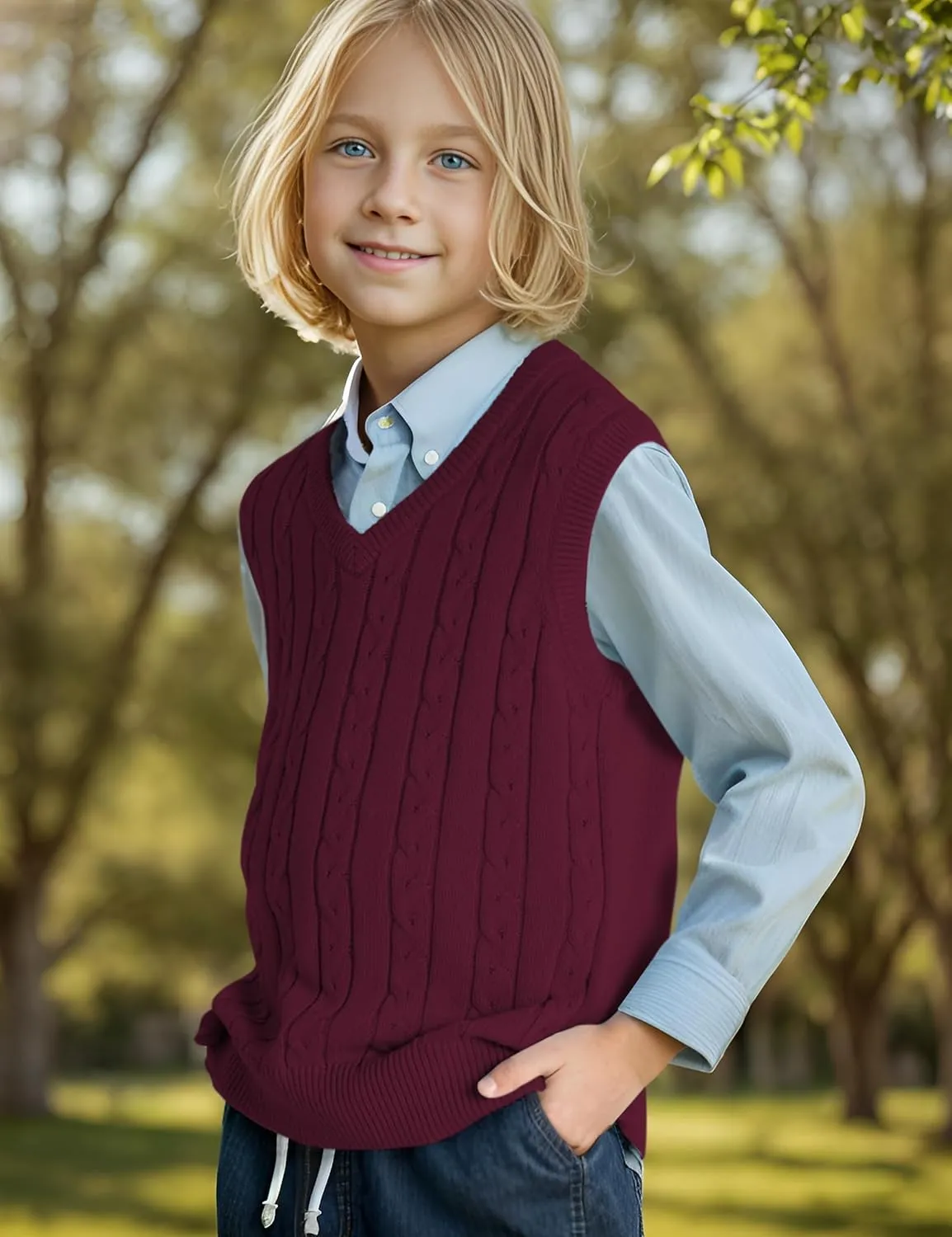 BOBOYOYO Boys Sweater Vest Unisex Cable Knit 100% Cotton Toddler Uniform Vest for Little Big Childrens Kids Teenage Girls