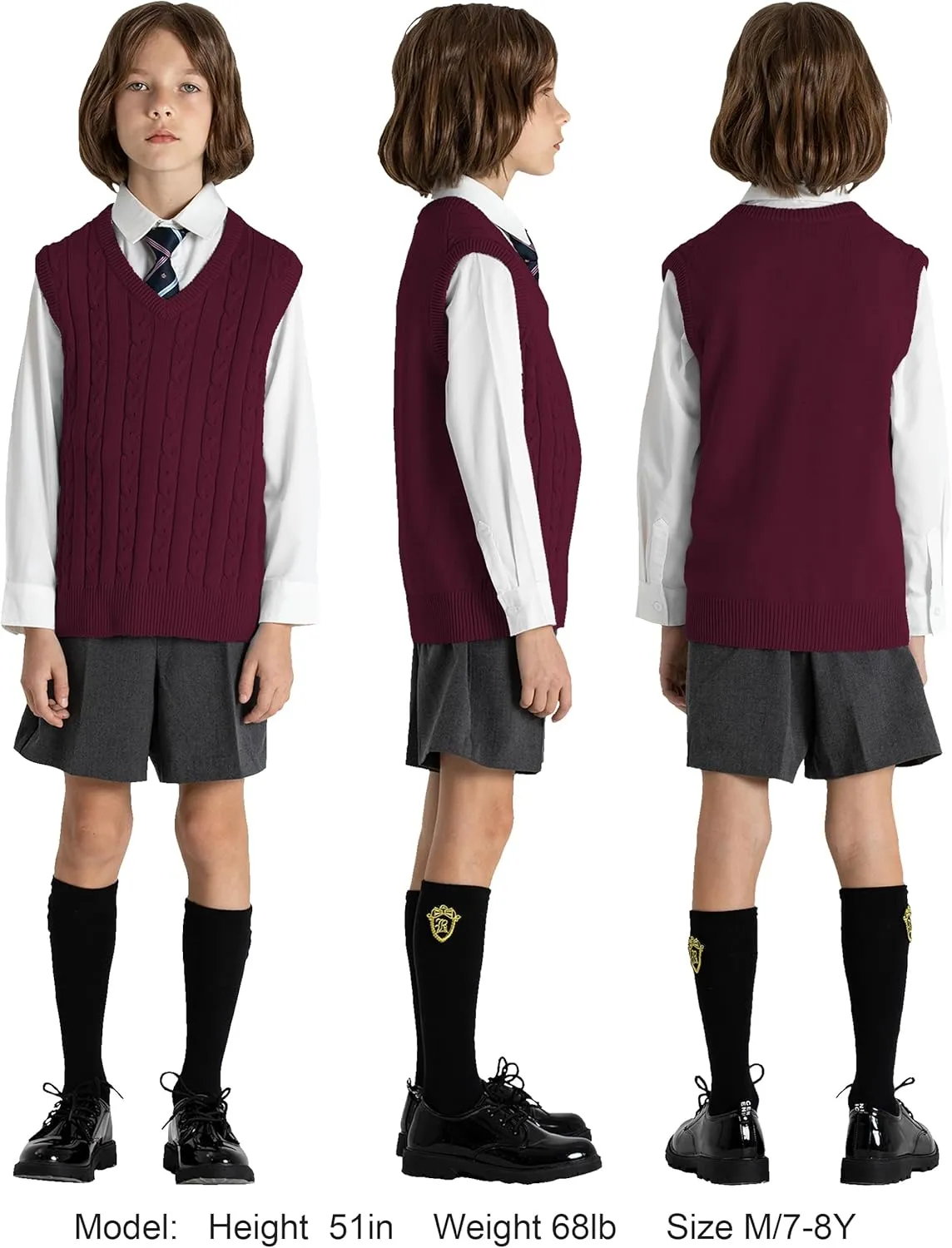 BOBOYOYO Boys Sweater Vest Unisex Cable Knit 100% Cotton Toddler Uniform Vest for Little Big Childrens Kids Teenage Girls