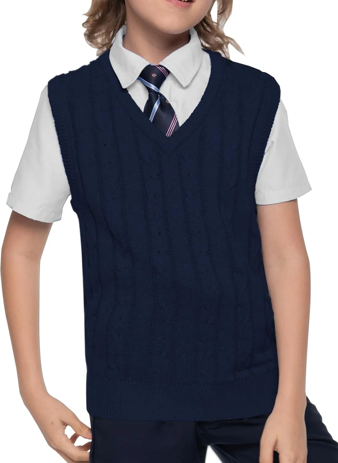BOBOYOYO Boys Sweater Vest Unisex Cable Knit 100% Cotton Toddler Uniform Vest for Little Big Childrens Kids Teenage Girls