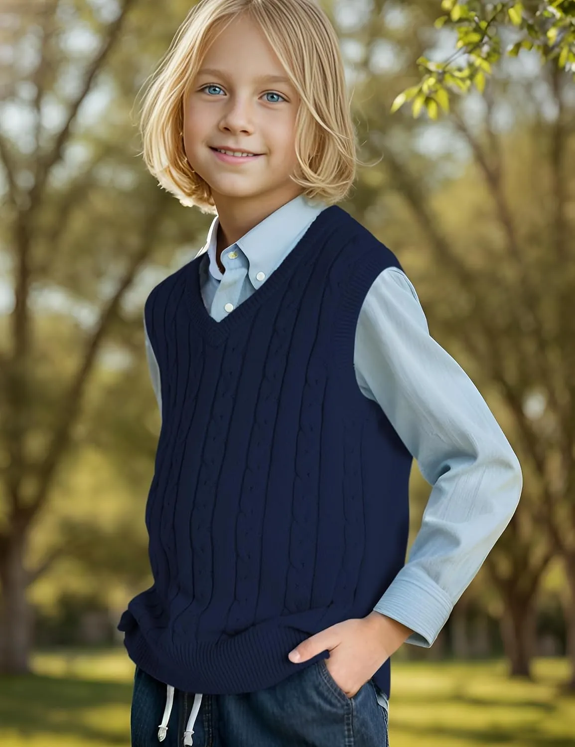 BOBOYOYO Boys Sweater Vest Unisex Cable Knit 100% Cotton Toddler Uniform Vest for Little Big Childrens Kids Teenage Girls