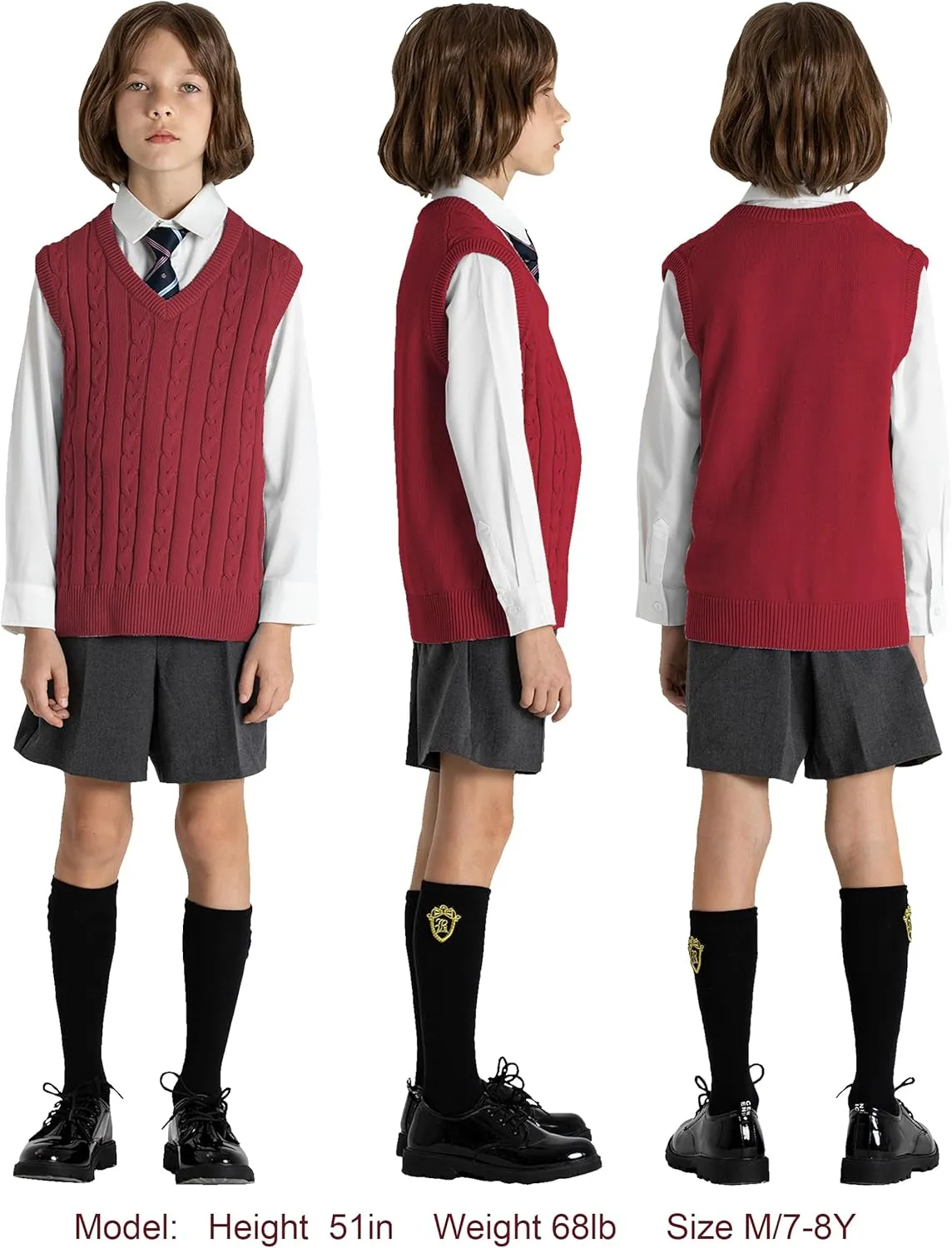 BOBOYOYO Boys Sweater Vest Unisex Cable Knit 100% Cotton Toddler Uniform Vest for Little Big Childrens Kids Teenage Girls