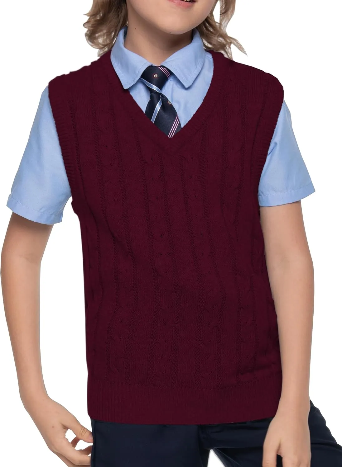 BOBOYOYO Boys Sweater Vest Unisex Cable Knit 100% Cotton Toddler Uniform Vest for Little Big Childrens Kids Teenage Girls