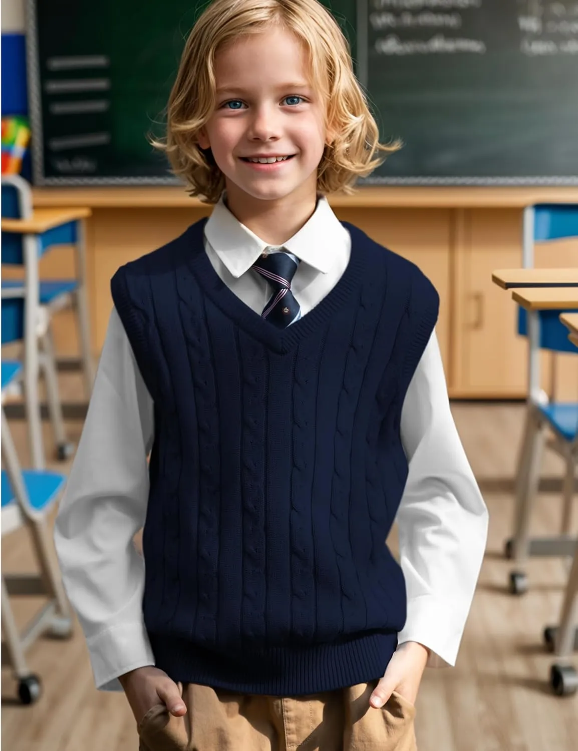 BOBOYOYO Boys Sweater Vest Unisex Cable Knit 100% Cotton Toddler Uniform Vest for Little Big Childrens Kids Teenage Girls