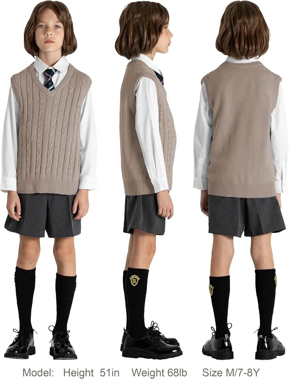 BOBOYOYO Boys Sweater Vest Unisex Cable Knit 100% Cotton Toddler Uniform Vest for Little Big Teenage Boy Girls Childrens Kids