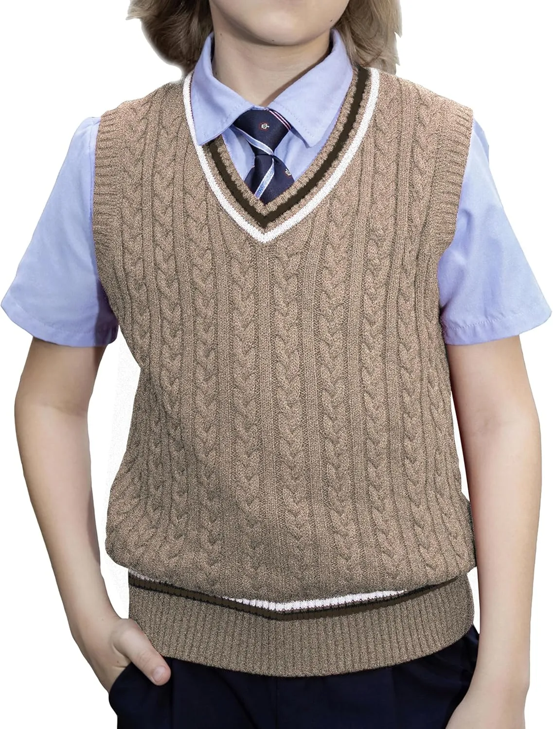 BOBOYOYO Boys Sweater Vest Unisex Cable Knit 100% Cotton Toddler Uniform Vest for Little Big Teenage Boy Girls Childrens Kids