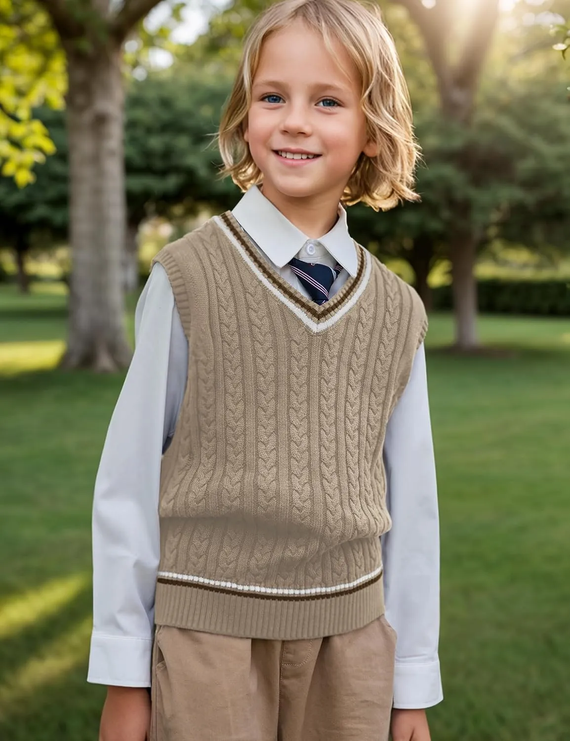BOBOYOYO Boys Sweater Vest Unisex Cable Knit 100% Cotton Toddler Uniform Vest for Little Big Teenage Boy Girls Childrens Kids