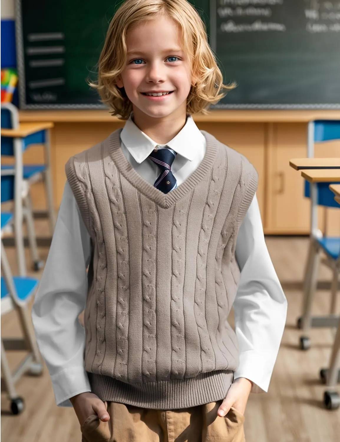 BOBOYOYO Boys Sweater Vest Unisex Cable Knit 100% Cotton Toddler Uniform Vest for Little Big Teenage Boy Girls Childrens Kids