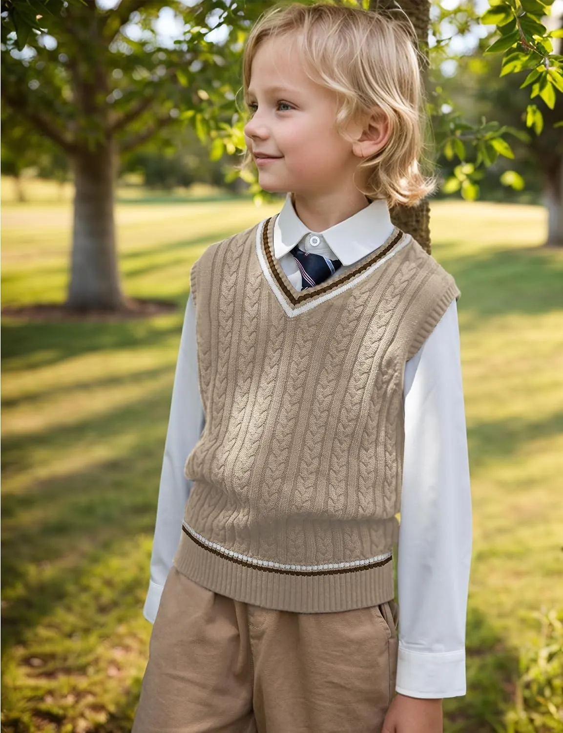 BOBOYOYO Boys Sweater Vest Unisex Cable Knit 100% Cotton Toddler Uniform Vest for Little Big Teenage Boy Girls Childrens Kids