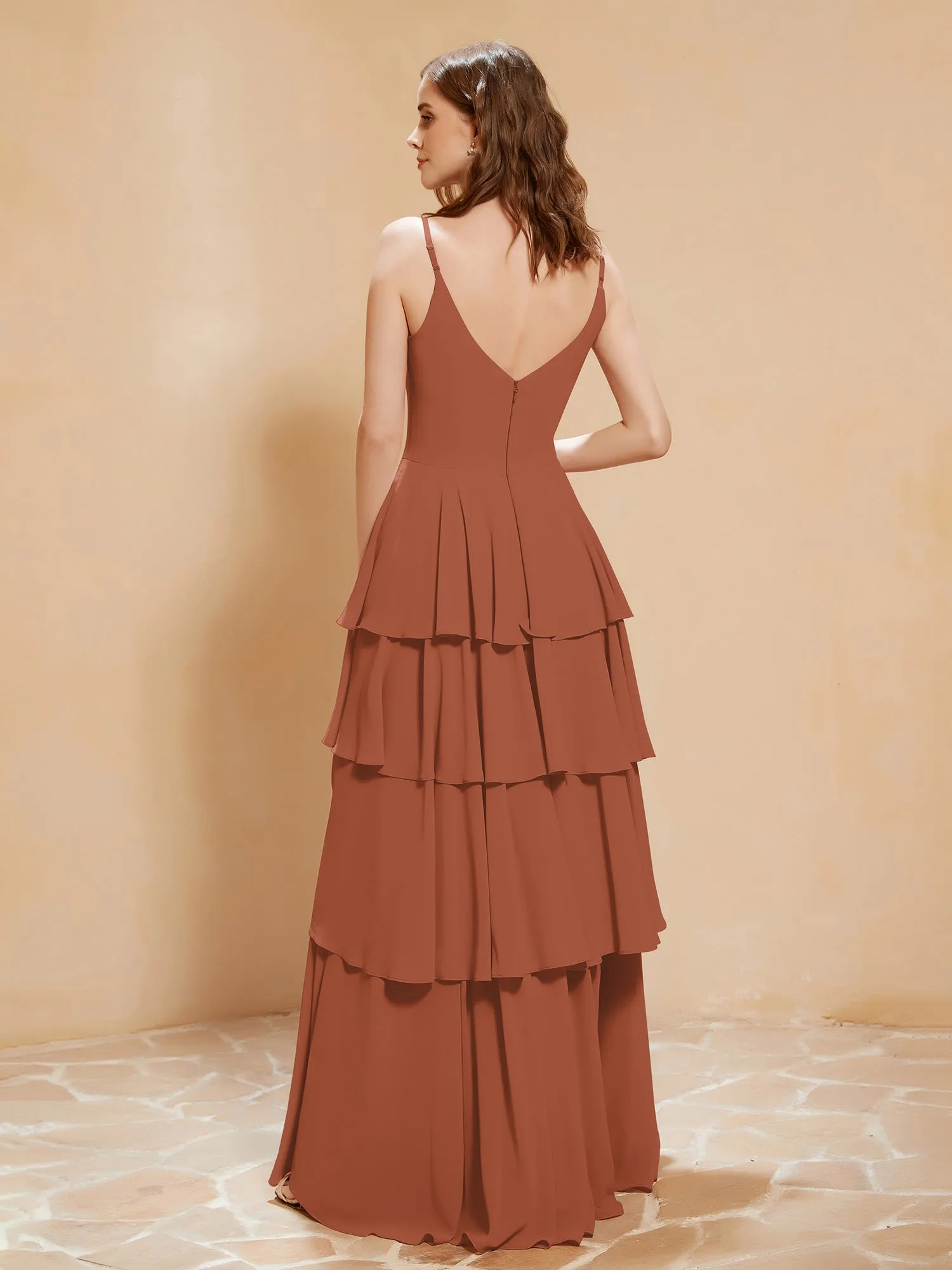 Boho V-neck Floor-length Dress Flowy Ruffles Rust Plus Size