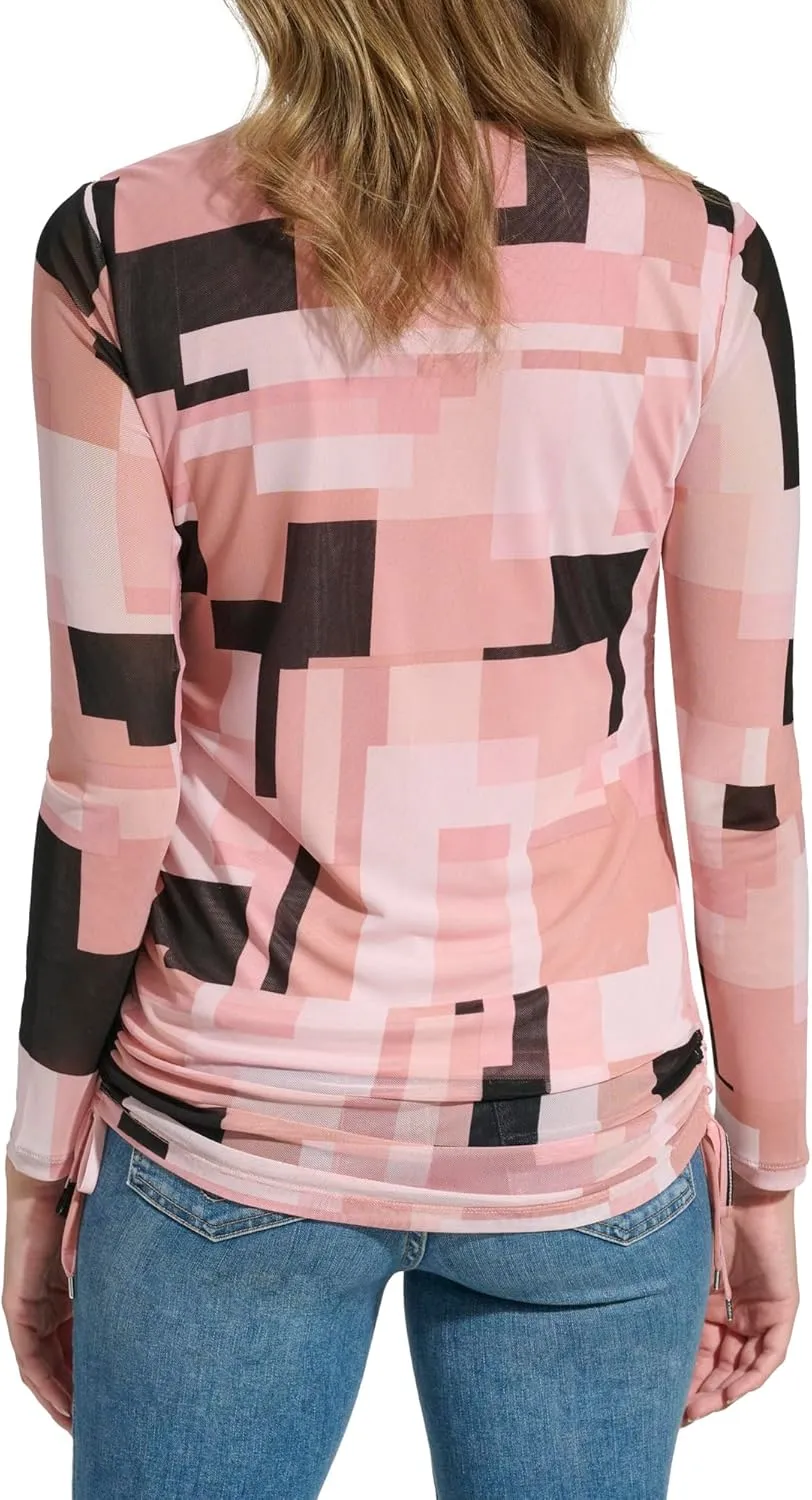 Calvin Klein Women's Printed Long Sleeve Top with Tie Detail