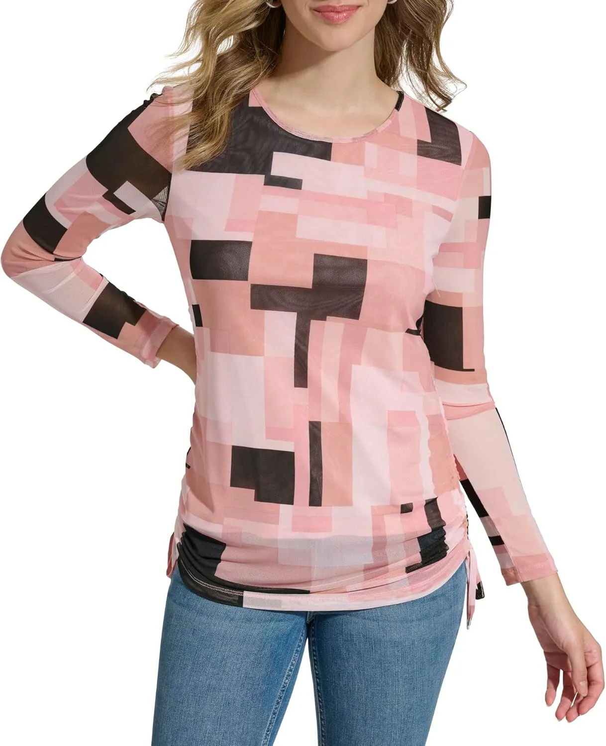 Calvin Klein Women's Printed Long Sleeve Top with Tie Detail
