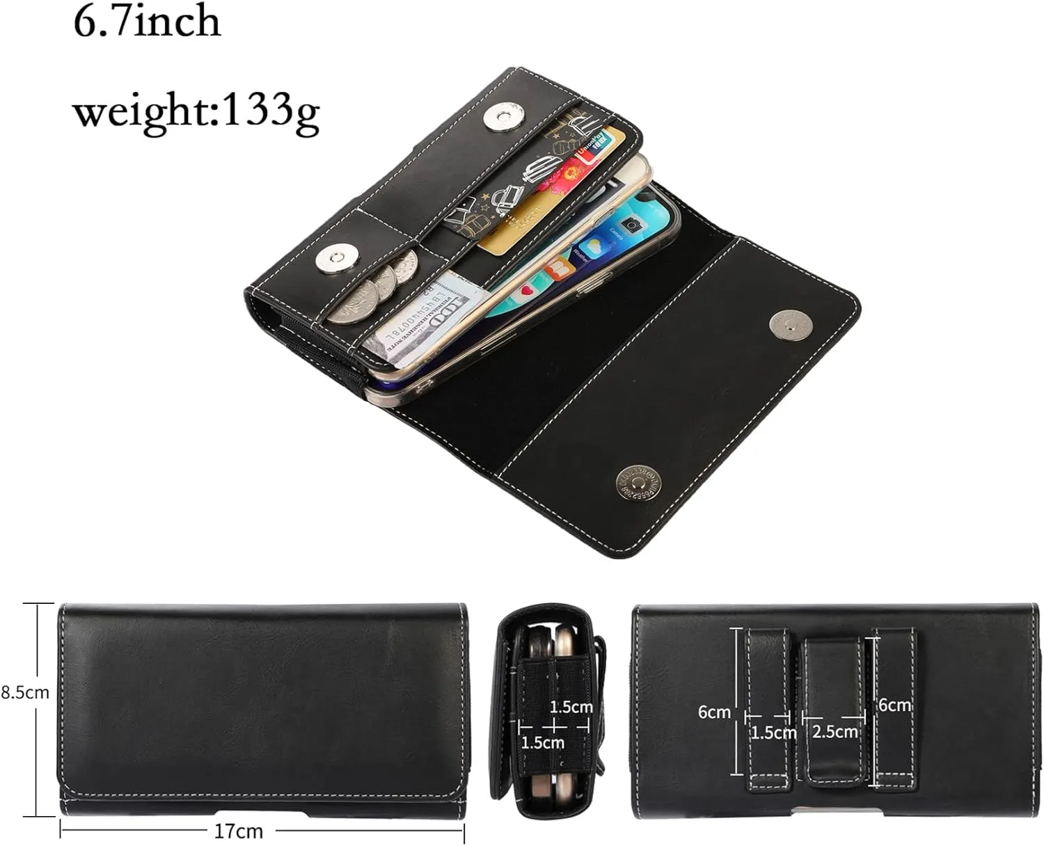 Cell Phone Waist Belt Bag Men Leather, Smartphone Belt Clip Pouch Leather, 6.7" Universal Horizontal Mobile Phone Fanny Pack Wallet with Belt Clip Loop Carabiner Smartphone Sport Travel Pocket Purse