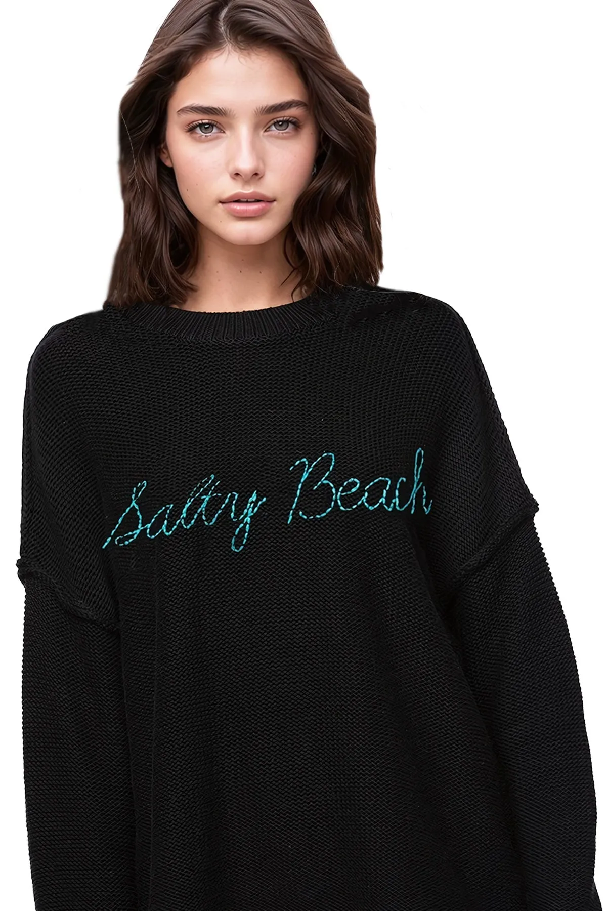 Chunky Cotton Blend Pullover - "Salty Beach" hand embroidery