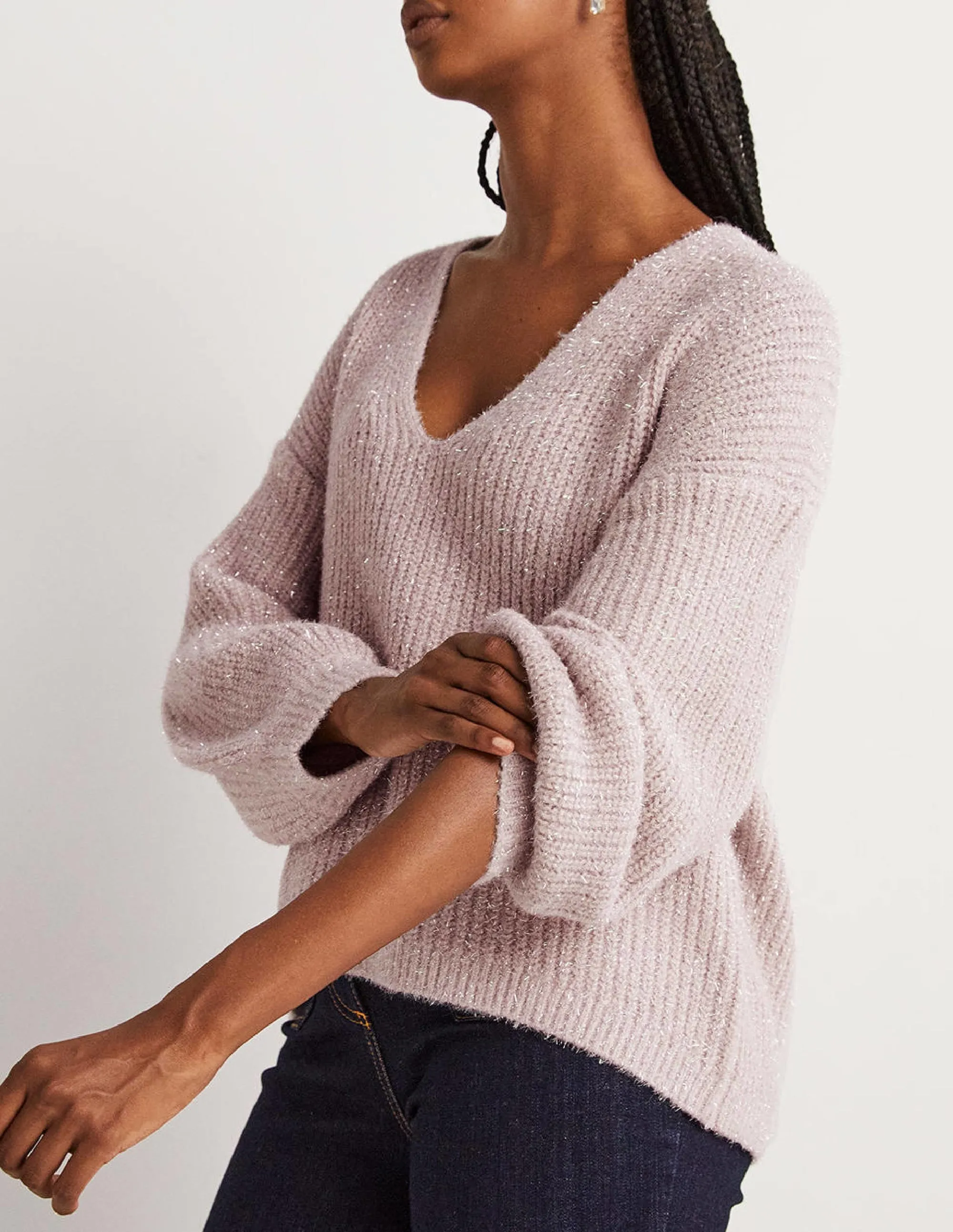 Chunky Fluffy V-Neck Jumper-Cameo Pink Sparkle
