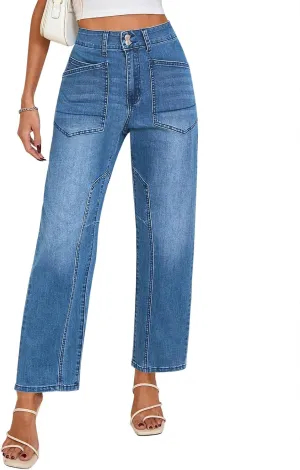 Cicy Bell Womens Baggy Straight Leg Jeans High Waisted Barrel Boyfriend Button Stretchy Trendy Denim Pants