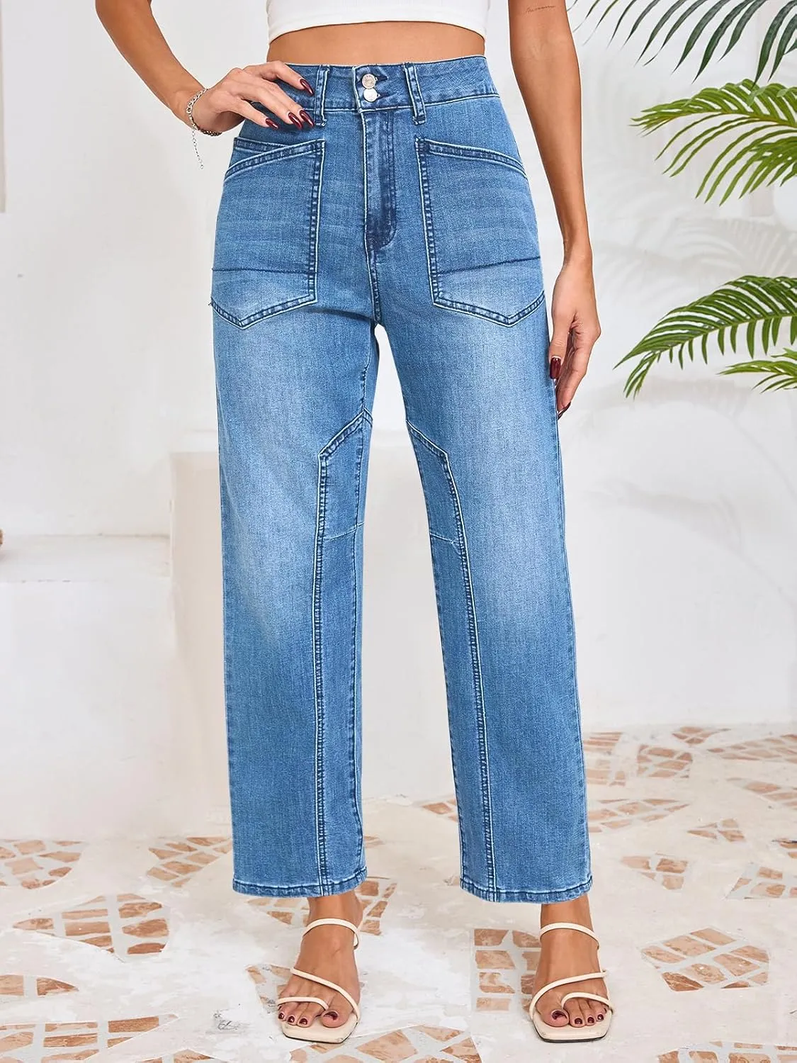 Cicy Bell Womens Baggy Straight Leg Jeans High Waisted Barrel Boyfriend Button Stretchy Trendy Denim Pants