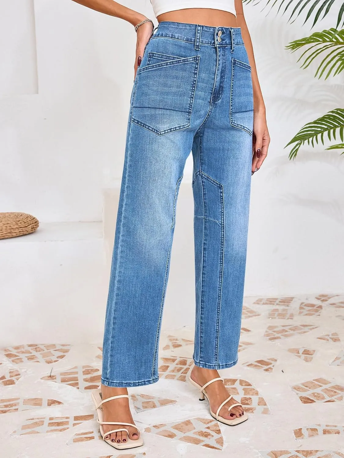 Cicy Bell Womens Baggy Straight Leg Jeans High Waisted Barrel Boyfriend Button Stretchy Trendy Denim Pants