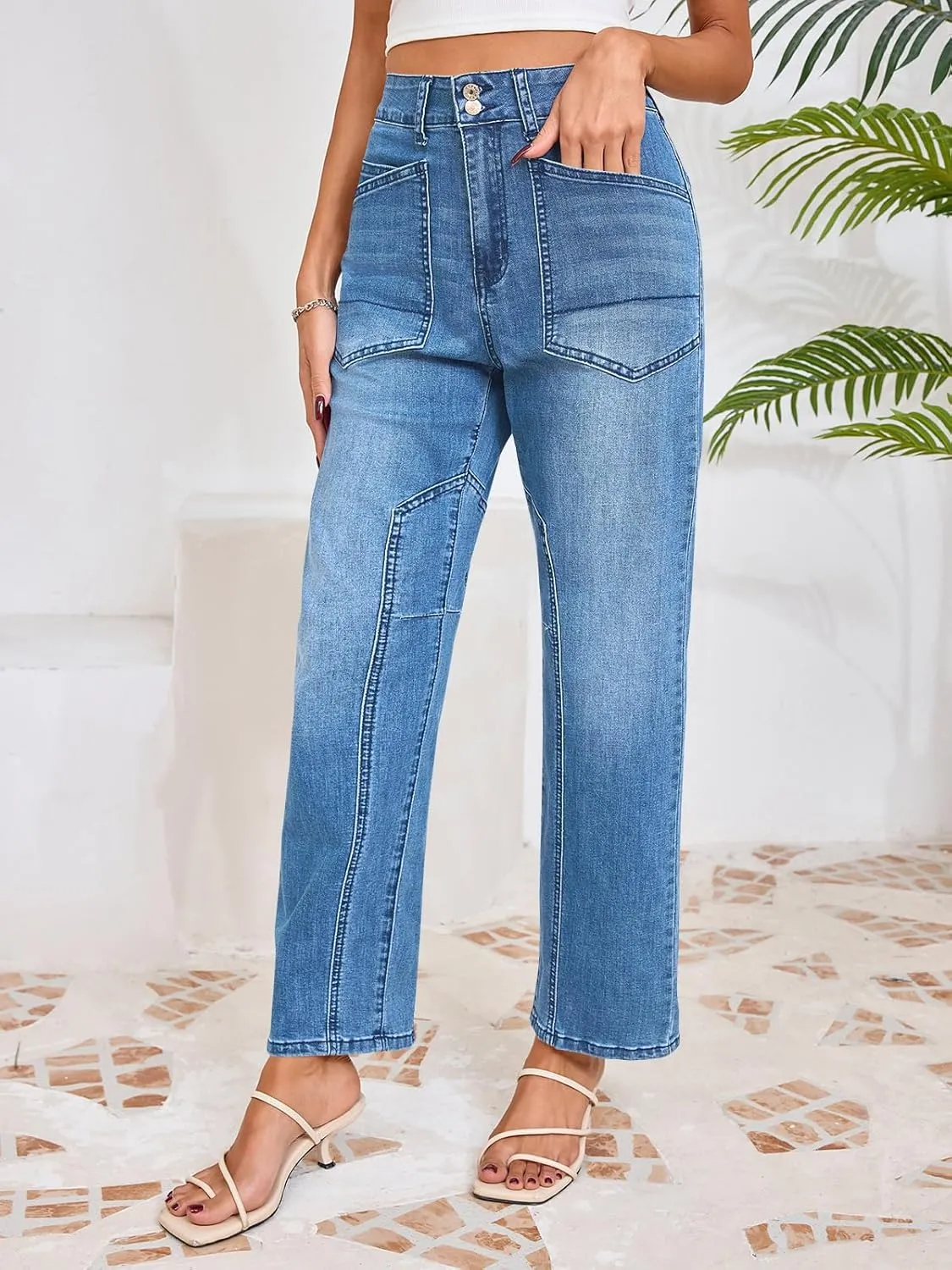 Cicy Bell Womens Baggy Straight Leg Jeans High Waisted Barrel Boyfriend Button Stretchy Trendy Denim Pants