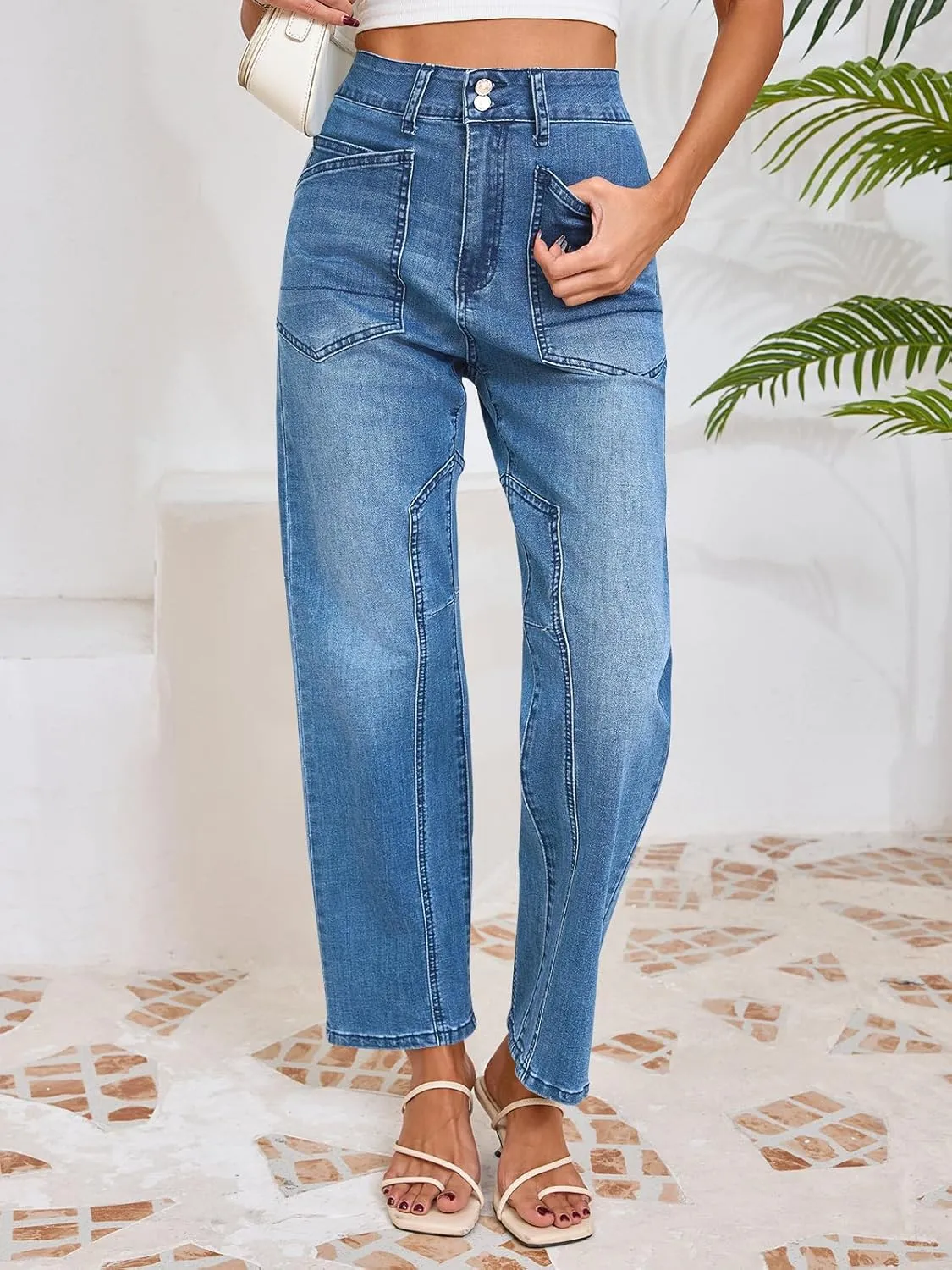 Cicy Bell Womens Baggy Straight Leg Jeans High Waisted Barrel Boyfriend Button Stretchy Trendy Denim Pants