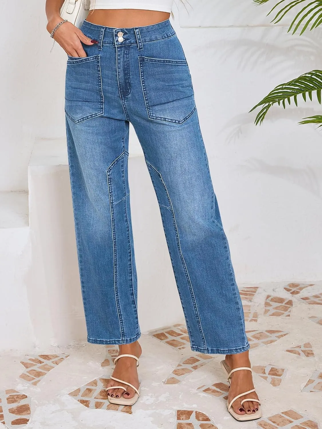 Cicy Bell Womens Baggy Straight Leg Jeans High Waisted Barrel Boyfriend Button Stretchy Trendy Denim Pants