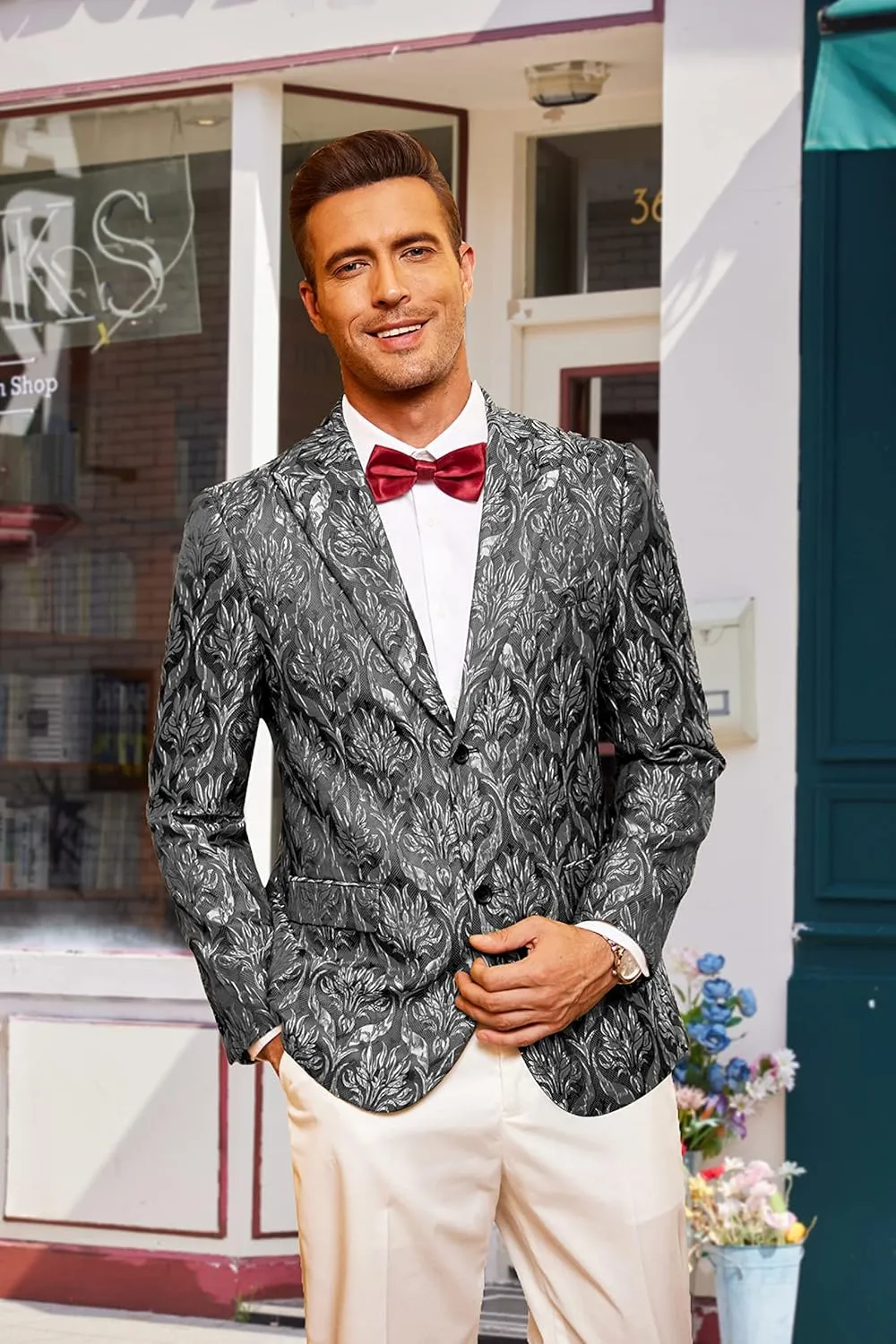 COOFANDY Men's Floral Tuxedo Jacket Rose Embroidered Suit Jacket Wedding Prom Dinner Party Blazer